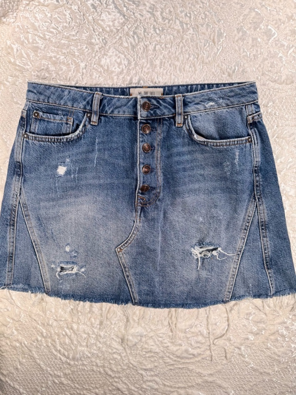 FREE PEOPLE We The Free   Distressed Button-Front Denim Mini Skirt - Blue
